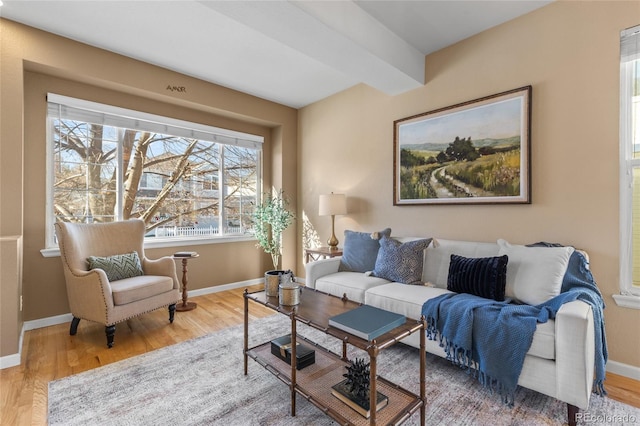 living room featuring beamed ceiling and wood-type flooring