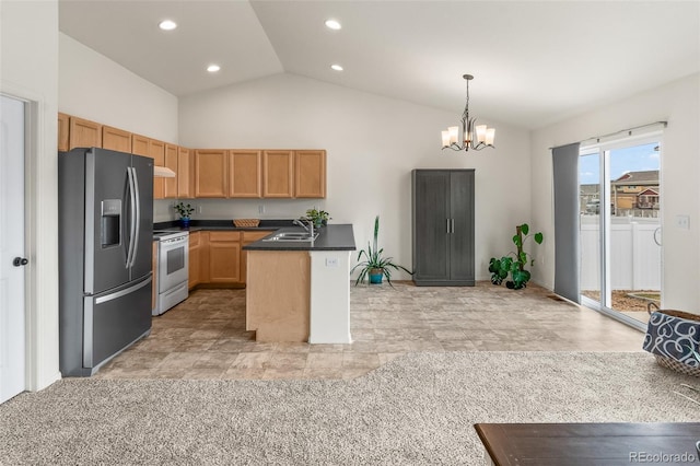 kitchen with a center island, white range with electric stovetop, stainless steel fridge, a chandelier, and pendant lighting