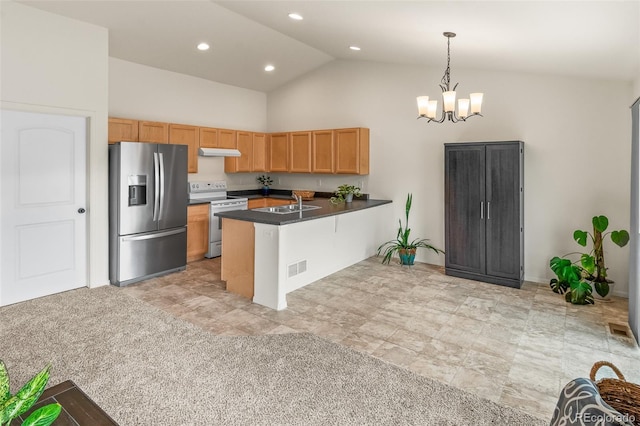 kitchen featuring kitchen peninsula, stainless steel refrigerator with ice dispenser, hanging light fixtures, a notable chandelier, and white electric range oven