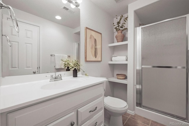 full bath featuring visible vents, toilet, a stall shower, vanity, and tile patterned flooring