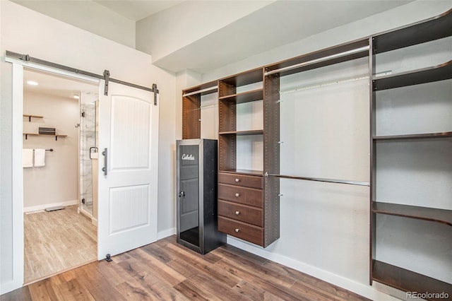 spacious closet featuring hardwood / wood-style floors and a barn door