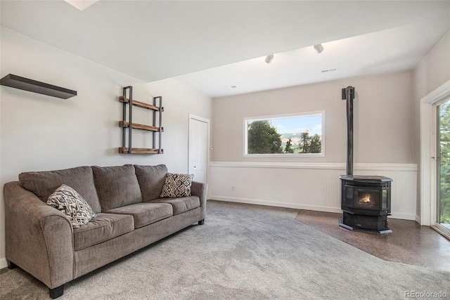 living room featuring plenty of natural light and a wood stove