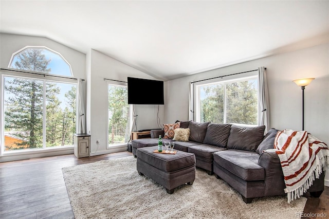 living room with light hardwood / wood-style flooring, vaulted ceiling, and a healthy amount of sunlight