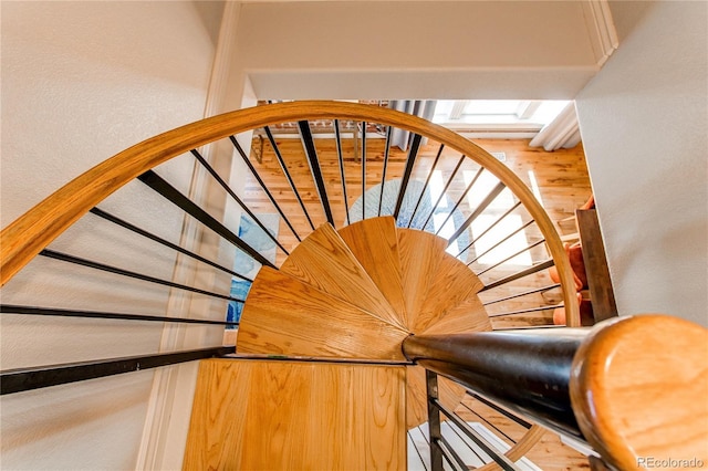 stairs with a skylight and a textured wall