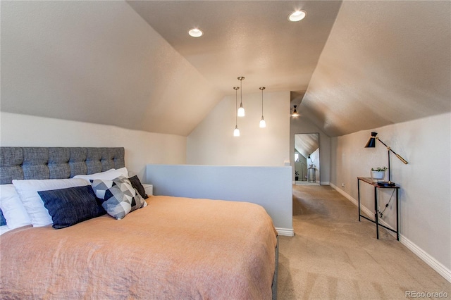 bedroom featuring recessed lighting, baseboards, light colored carpet, and vaulted ceiling