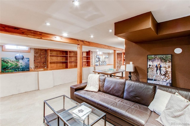 carpeted living room with beamed ceiling, recessed lighting, and a wall mounted air conditioner