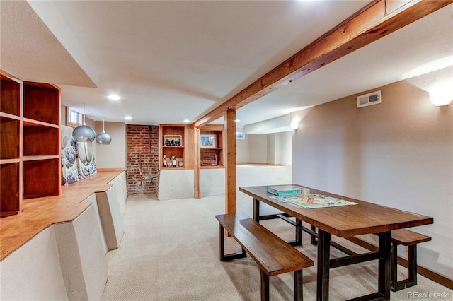 dining area with recessed lighting, visible vents, beam ceiling, and light colored carpet