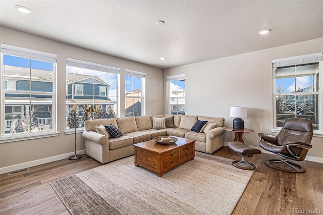 living room with light hardwood / wood-style flooring