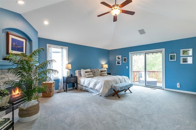 10773 Cougar Rdg, Lone Tree, CO 80124 - carpeted bedroom featuring access to outside, vaulted ceiling, baseboards, recessed lighting, and ceiling fan