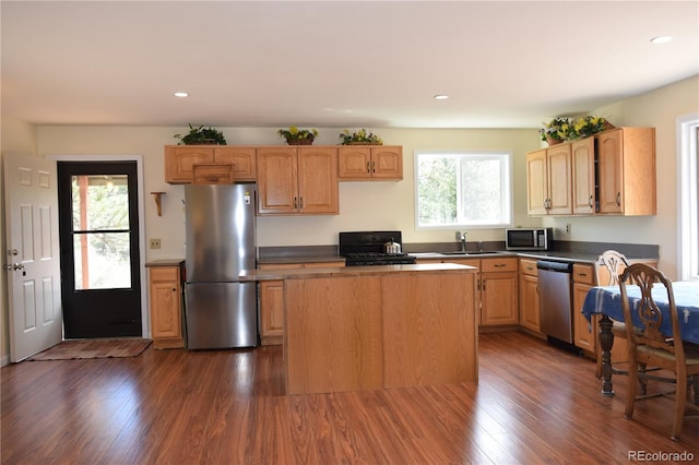 kitchen featuring appliances with stainless steel finishes, dark hardwood / wood-style flooring, a center island, and sink