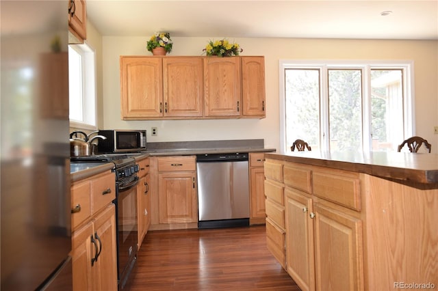 kitchen with dark countertops, light brown cabinets, appliances with stainless steel finishes, and dark wood-type flooring