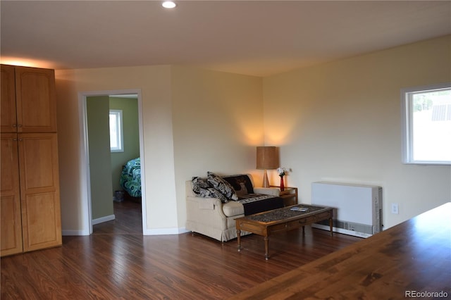 sitting room with radiator heating unit and dark hardwood / wood-style flooring