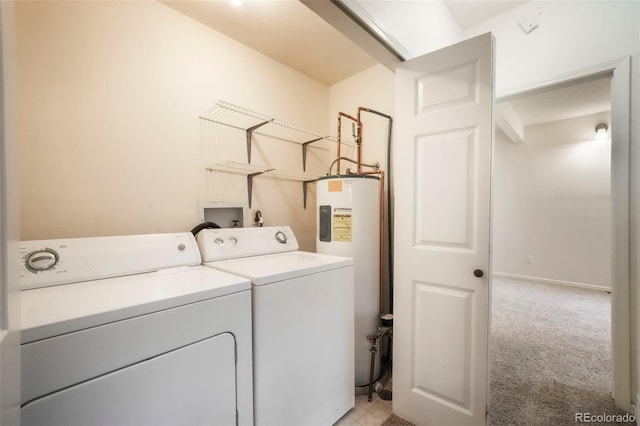5010 Sunsuite Trl, Colorado Springs, CO 80917 - laundry area featuring water heater, washing machine and clothes dryer, and light colored carpet