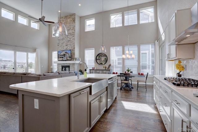 kitchen with dark wood finished floors, ceiling fan with notable chandelier, appliances with stainless steel finishes, wall chimney exhaust hood, and a sink