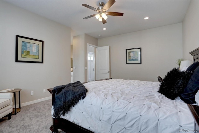 carpeted bedroom featuring recessed lighting, baseboards, and ceiling fan