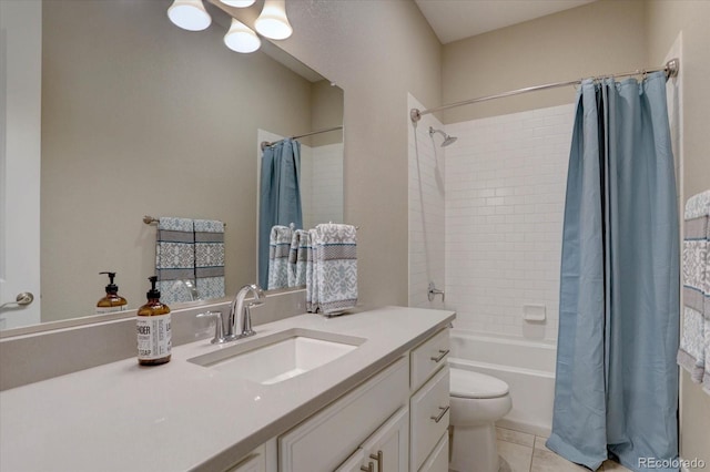 full bathroom featuring tile patterned flooring, toilet, vanity, and shower / bathtub combination with curtain