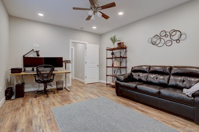 office featuring recessed lighting, wood finished floors, baseboards, and ceiling fan