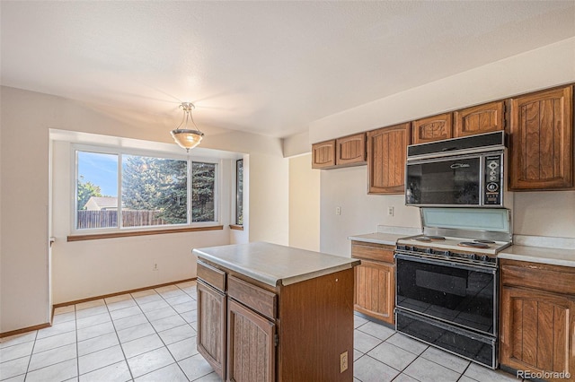 17583 E Belleview Pl, Centennial, CO 80015 - kitchen featuring black microwave, range with electric cooktop, light tile patterned floors, brown cabinets, and light countertops