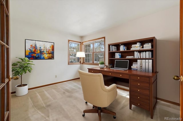 home office with light colored carpet