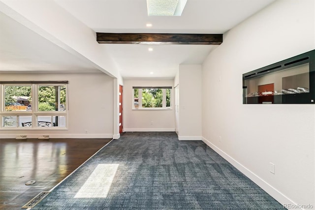 5480 W Iowa Ave, Lakewood, CO 80232 - unfurnished living room featuring beam ceiling, recessed lighting, and dark wood-style floors