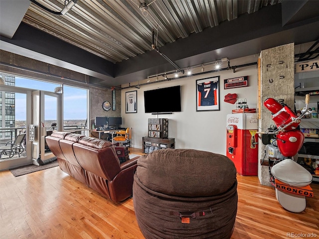 living area featuring wood finished floors and track lighting