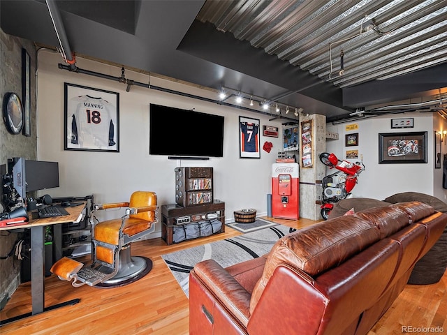 living room featuring wood finished floors and track lighting