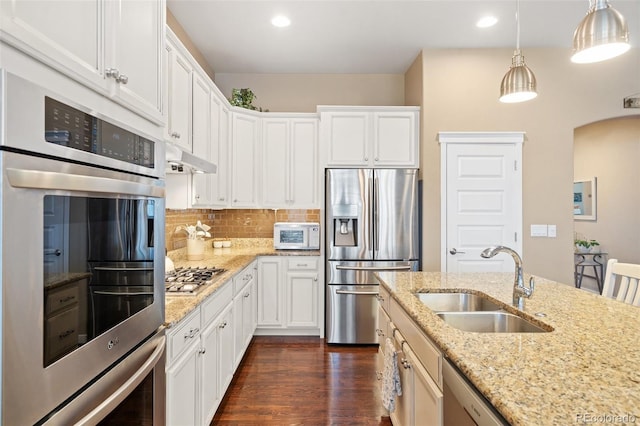 kitchen featuring dark wood finished floors, decorative backsplash, stainless steel appliances, under cabinet range hood, and a sink