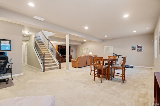 dining area with stairs, baseboards, light colored carpet, and recessed lighting