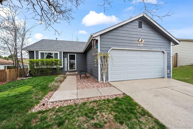 single story home with fence, a shingled roof, driveway, a front yard, and a garage