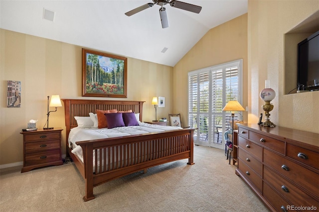 4373 E Phillips Pl, Centennial, CO 80122 - bedroom featuring access to outside, light colored carpet, a ceiling fan, lofted ceiling, and visible vents