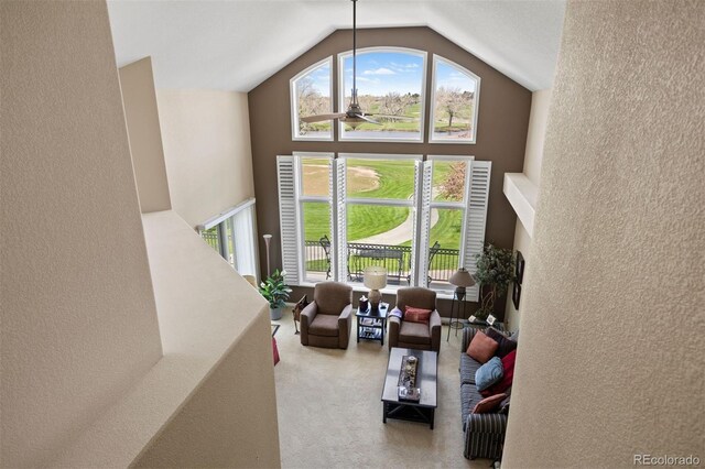 4373 E Phillips Pl, Centennial, CO 80122 - living area with a healthy amount of sunlight, high vaulted ceiling, and carpet