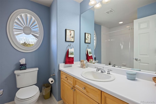 4373 E Phillips Pl, Centennial, CO 80122 - bathroom featuring vanity, toilet, tile patterned floors, a shower with curtain, and visible vents