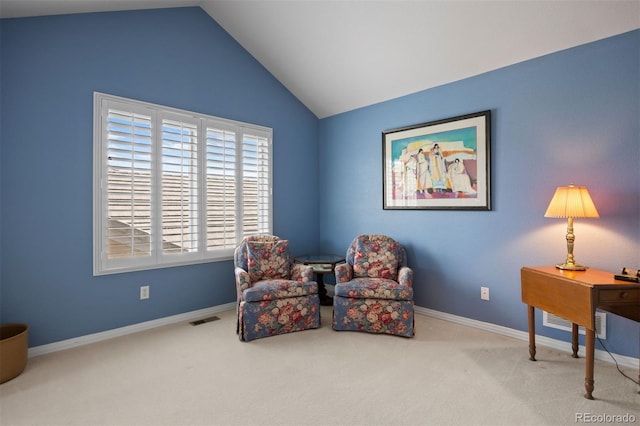 4373 E Phillips Pl, Centennial, CO 80122 - living area with carpet floors, baseboards, vaulted ceiling, and visible vents