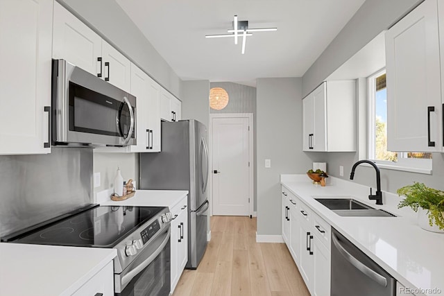 kitchen with appliances with stainless steel finishes, light countertops, white cabinets, and a sink