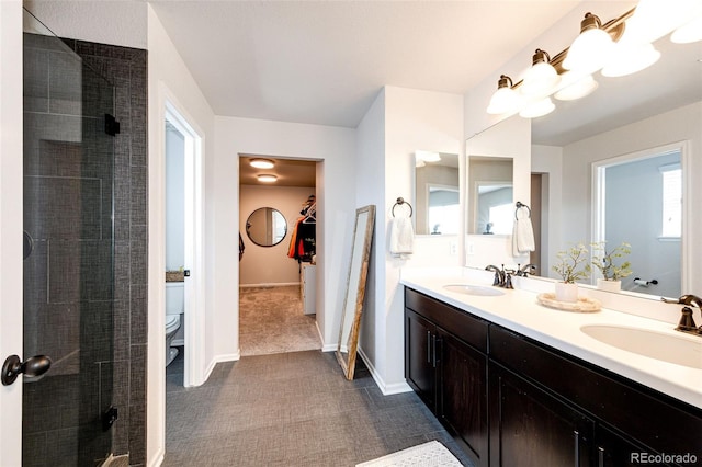 bathroom featuring vanity, toilet, and an enclosed shower