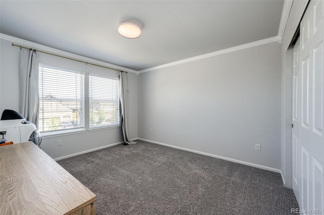 carpeted office featuring crown molding