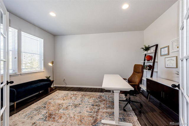 home office with dark wood-type flooring