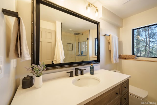 bathroom featuring toilet, a shower stall, and vanity