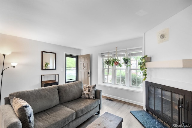 9632 W Chatfield Ave Unit C, Littleton, CO 80128 - living area with a glass covered fireplace, plenty of natural light, wood finished floors, and baseboards