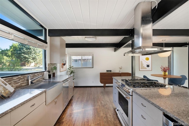 kitchen featuring white cabinets, light stone countertops, appliances with stainless steel finishes, dark hardwood / wood-style flooring, and island exhaust hood