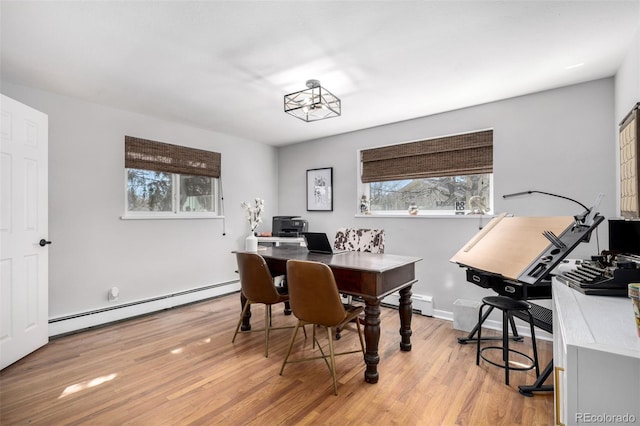 home office with light wood finished floors and baseboard heating