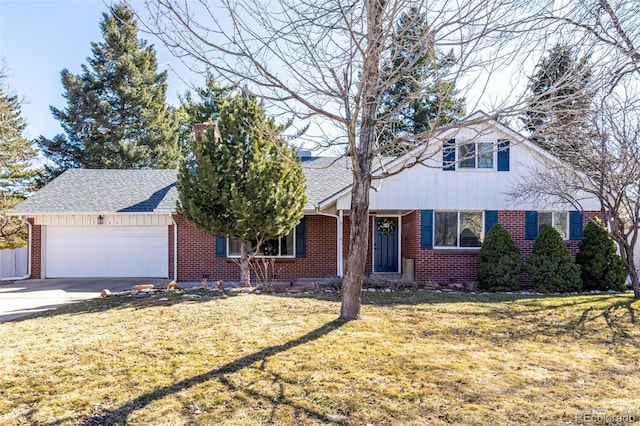 view of front facade with a garage, brick siding, concrete driveway, roof with shingles, and a front lawn