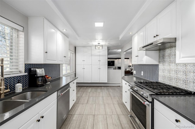 kitchen with a healthy amount of sunlight, under cabinet range hood, dark countertops, and appliances with stainless steel finishes