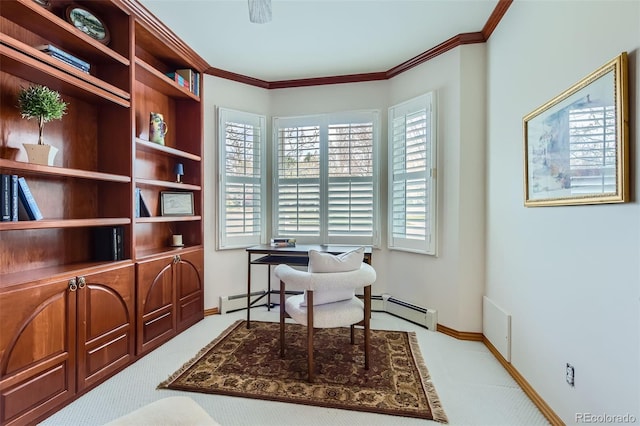 office featuring crown molding, baseboards, carpet floors, and a baseboard radiator