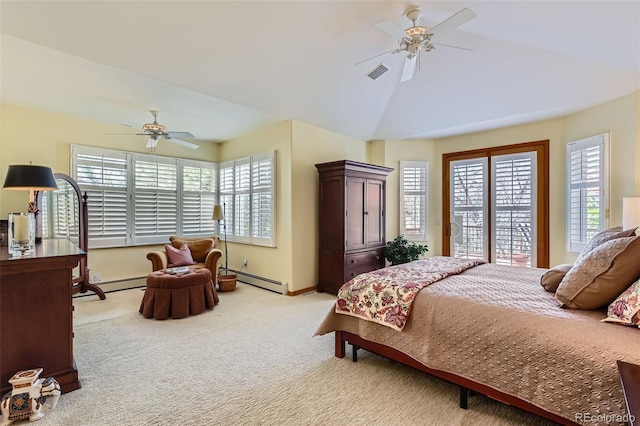 bedroom with light carpet, access to outside, baseboards, a ceiling fan, and a baseboard heating unit