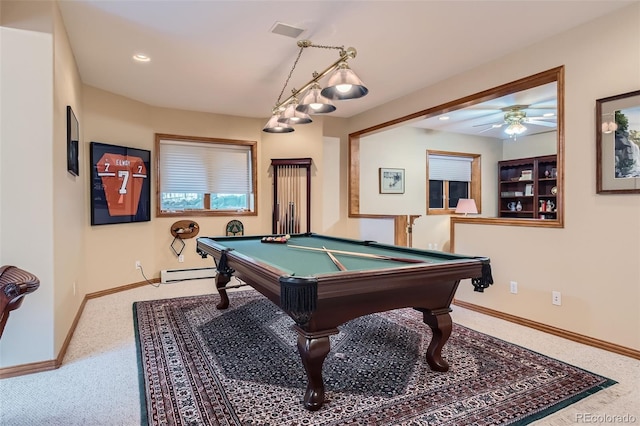 rec room featuring billiards table, baseboards, carpet flooring, and a baseboard heating unit