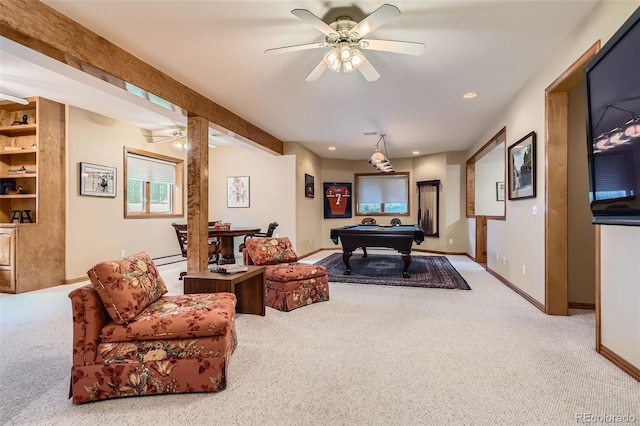recreation room with ceiling fan, carpet floors, billiards, and recessed lighting