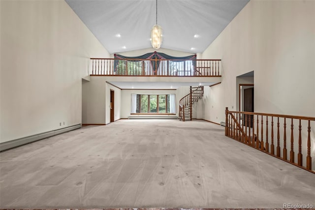 7351 Poppy Way, Arvada, CO 80007 - unfurnished living room featuring carpet floors, high vaulted ceiling, baseboard heating, a chandelier, and a baseboard radiator