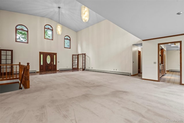 7351 Poppy Way, Arvada, CO 80007 - unfurnished living room with baseboard heating, carpet flooring, high vaulted ceiling, and a baseboard heating unit