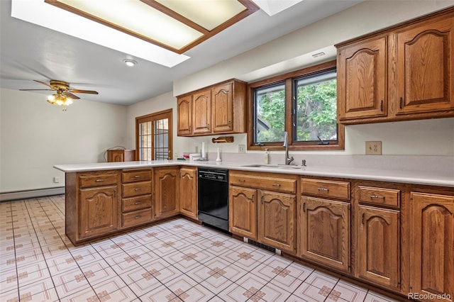 7351 Poppy Way, Arvada, CO 80007 - kitchen with dishwasher, a baseboard heating unit, a peninsula, brown cabinetry, and light countertops